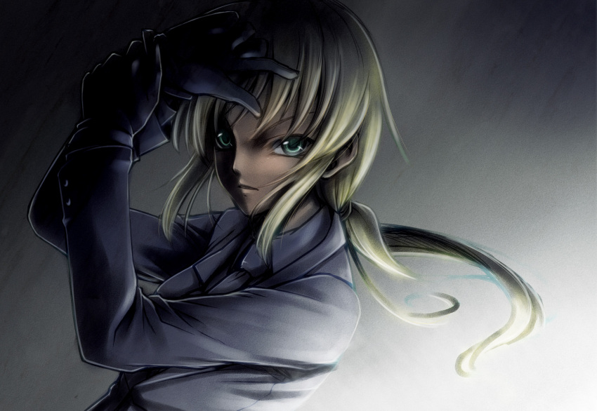 androgynous fate/stay_night fate/zero fate_(series) formal gloves green_eyes highres pant_suit ponytail reverse_trap saber suit tomboy uraomote