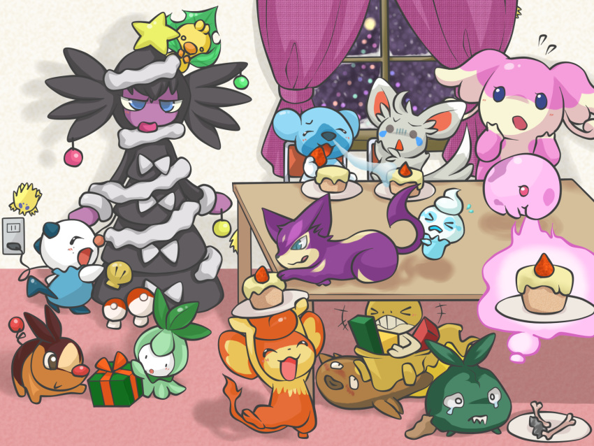 artist_request audino christmas christmas_tree cubchoo cupcake food gothitelle highres joltik minccino munna no_humans oshawott pansear petilil poke_ball pokemon pokemon_(creature) pokemon_(game) pokemon_black_and_white pokemon_bw purrloin scraggy sewaddle shell star stunfisk tears tepig trubbish vanillite