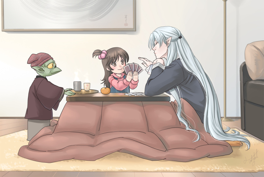 2boys bow card card_game cards child chin_rest closed_eyes contemporary eyes_closed family hair_bobbles hair_bow holding holding_card inuyasha jaken kotatsu long_hair lying_card multiple_boys one_side_up playing_games pointy_ears rin_(inuyasha) sesshoumaru sitting table tokiko_(psychopomp)