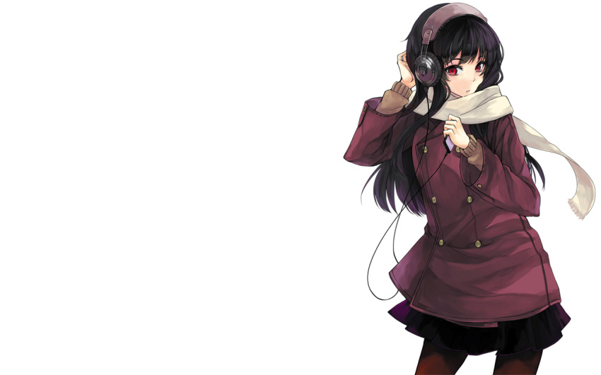 black_hair headphones long_hair original red_eyes scarf skirt stockings white