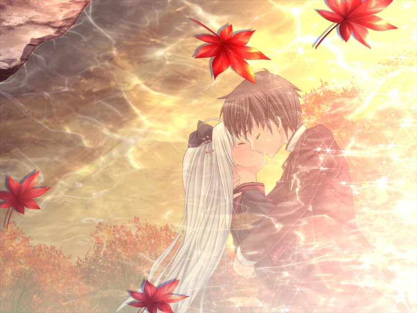 game_cg kiss kitto_todoku_sumiwataru_asairo_yori_mo kumigami_hiyo leaves water white_hair yasuyuki