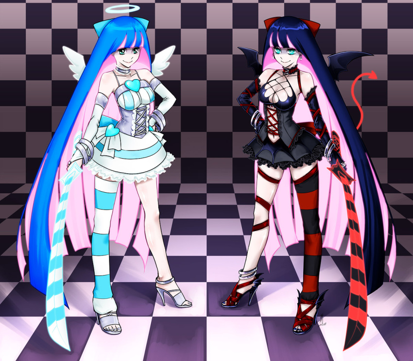 alternate_costume angel ankle_wings antaria aqua_eyes asymmetrical_clothes asymmetrical_clothing bow breasts bridal_gauntlets choker cleavage corset dark_persona demon_girl dual_persona hair_bow halo hand_on_hip high_heels katana long_hair multicolored_hair multiple_girls panty_&amp;_stocking_with_garterbelt shoes single_thighhigh smile spoilers stocking_(character) stocking_(psg) striped striped_legwear striped_thighhighs stripes_i_&amp;_ii sword symmetrical_pose tail thigh-highs thigh_strap thighhighs two-tone_hair weapon wings