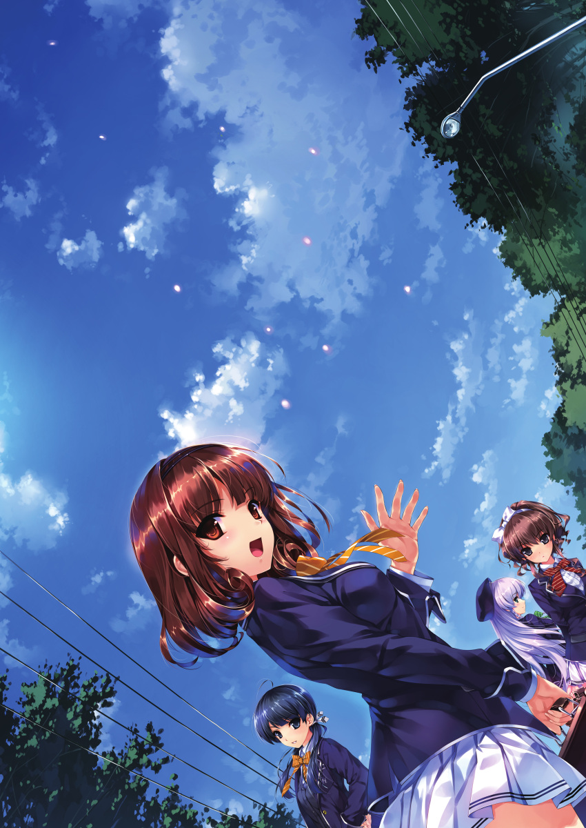 absurdres blue_eyes blue_hair blush brown_eyes brown_hair cloud clouds furukawa_yui hair_ornament hair_ribbon hanamiya_nagisa hasekura_airi hat highres kuroya_shinobu long_hair misaki_kurehito multiple_girls open_mouth petals ribbon sasaki_kaori school_uniform skirt sky tree ushinawareta_mirai_wo_motomete waving