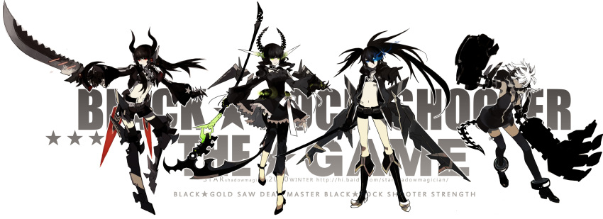 4girls alternate_costume bikini black_gold_saw black_hair black_rock_shooter black_rock_shooter_(character) black_rock_shooter_(game) blue_eyes boots bow collar dead_master gloves green_eyes grey_eyes headphones highres horns jacket knife lineup long_hair midriff navel necklace outstretched_arm red_eyes scythe short_shorts shorts simple_background skirt skull star starshadowmagician strength_(black_rock_shooter) sword tail thigh_boots thigh_highs thighhighs twintails weapon white white_eyes white_hair zettai_ryouiki
