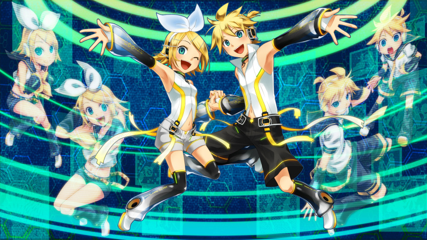 arm_warmers armpits bass_clef belt blonde_hair blue_eyes bow brother_and_sister collar detached_sleeves floating hair_ornament hair_ribbon hairclip hand_holding headphones hexagon highres holding_hands junji kagamine_len kagamine_len_(append) kagamine_rin kagamine_rin_(append) leg_warmers midriff multiple_persona navel navel_cutout open_mouth outstretched_arm ponytail popped_collar ribbon sailor_collar see_through short_hair short_shorts shorts siblings smile twins vocaloid vocaloid_append wink