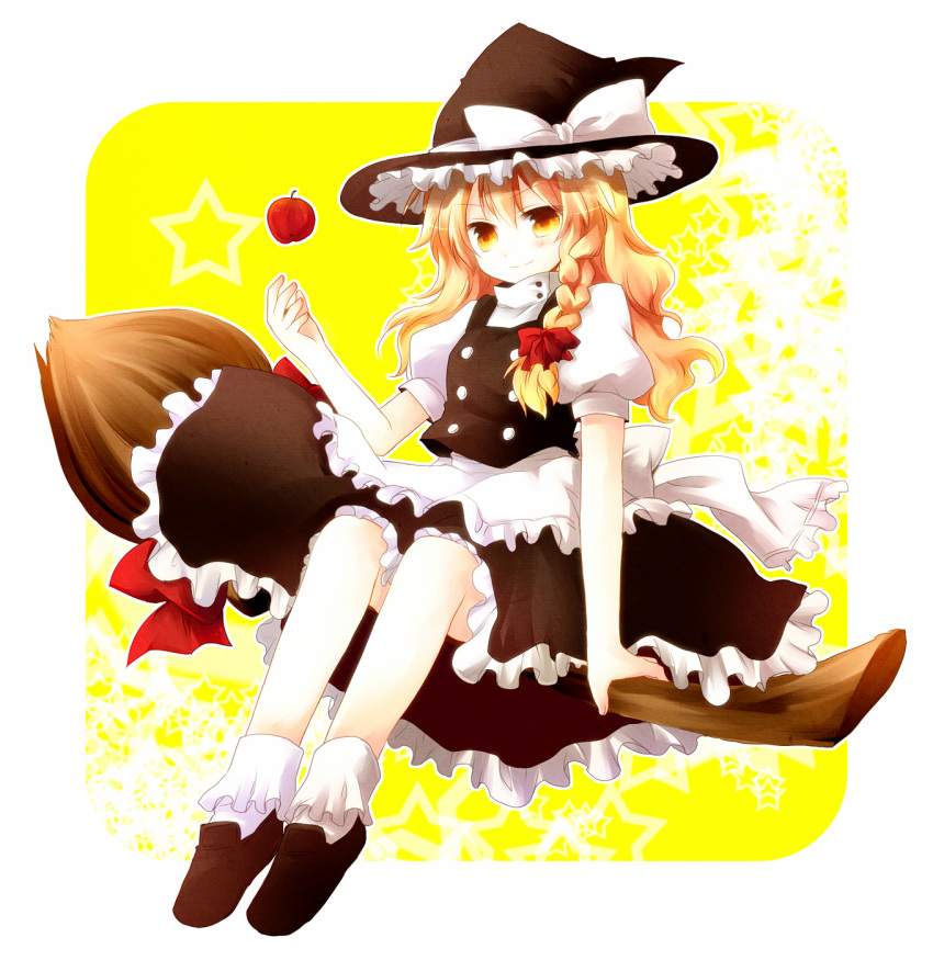 aplerichi apple blonde_hair braid broom broom_riding food fruit hat highres kirisame_marisa long_hair short_hair sidesaddle solo touhou witch witch_hat yellow_eyes