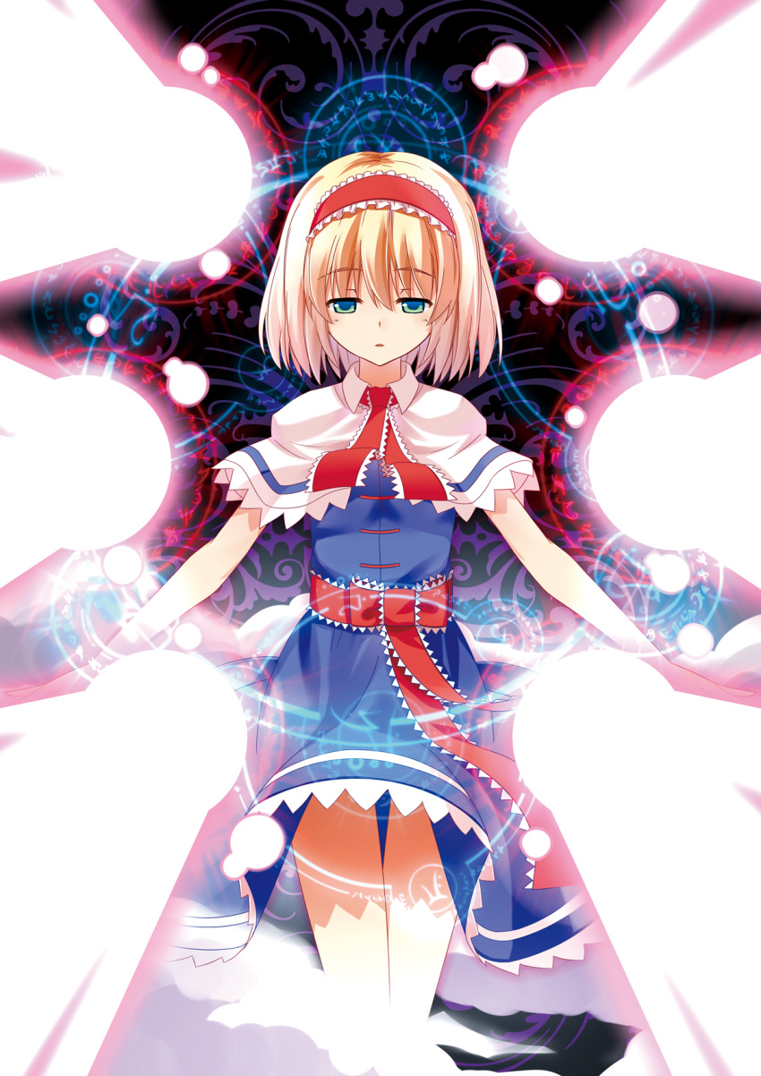 alice_margatroid blonde_hair blue_eyes capelet d2c danmaku hairband highres laser magic_circle outstretched_arms ribbon short_hair solo spread_arms touhou