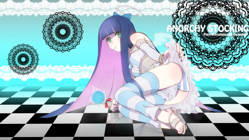 ass bangs bare_shoulders blue_eyes blunt_bangs bow bracelet breasts candy checkered checkered_floor doily green_eyes hair_bow halo high_heels highres jewelry kagexxx lollipop long_hair lying mouth_hold multicolored_hair on_side panties panty_&amp;_stocking_with_garterbelt pink_hair shoes skirt skirt_lift solo stocking_(character) stocking_(psg) striped striped_legwear striped_panties striped_thighhighs thigh-highs thighhighs two-tone_hair underwear wallpaper wings