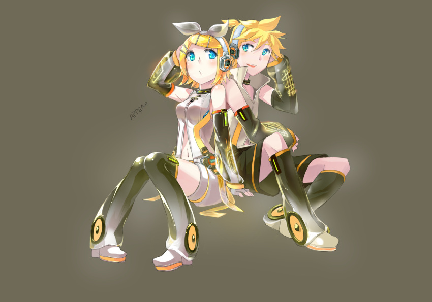 arm_warmers blonde_hair brother_and_sister detached_sleeves hair_ornament hair_ribbon hairclip hand_on_headphones headphones highres kagamine_len kagamine_len_(append) kagamine_rin kagamine_rin_(append) ksb ksb_(ugheaven) leg_warmers navel popped_collar ribbon short_hair shorts siblings sitting smile twins vocaloid vocaloid_append