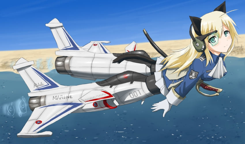 animal_ears blonde_hair cat_ears cat_tail dassault_rafale fighter_jet gloves headphones jet mecha_musume military military_uniform ocean ogitsune_(ankakecya-han) okitsune_(ankakecya-han) original pantyhose rafale sea strike_witches strike_witches_1991 sword tail uniform weapon