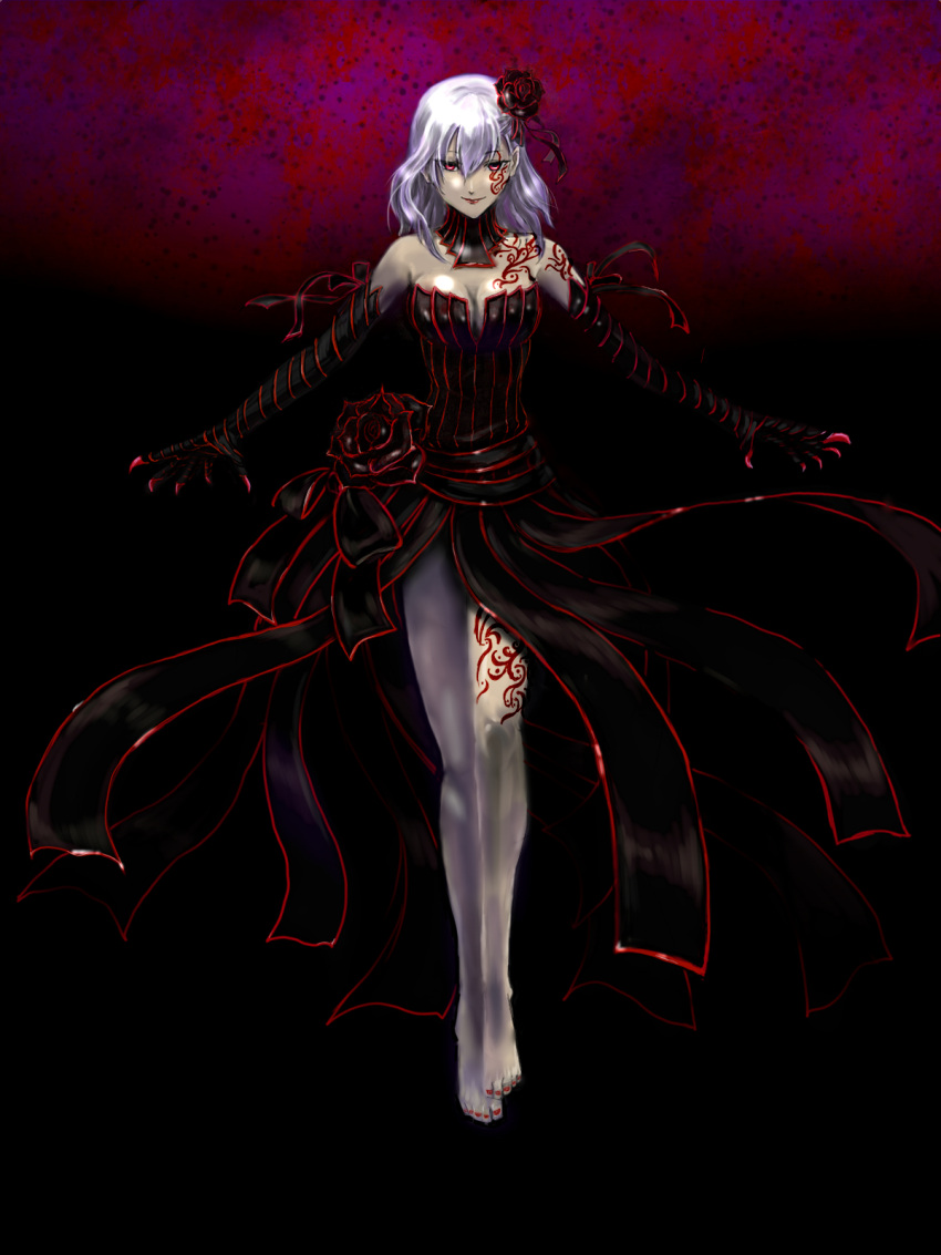 adapted_costume bare_shoulders barefoot black_rose black_rose_(flower) bodypaint breasts claws cleavage dark_sakura dress facial_mark fate/stay_night fate_(series) flower hair_ribbon highres karlwolf long_hair matou_sakura nail_polish purple_hair red_eyes ribbon rose silver_hair solo type-moon