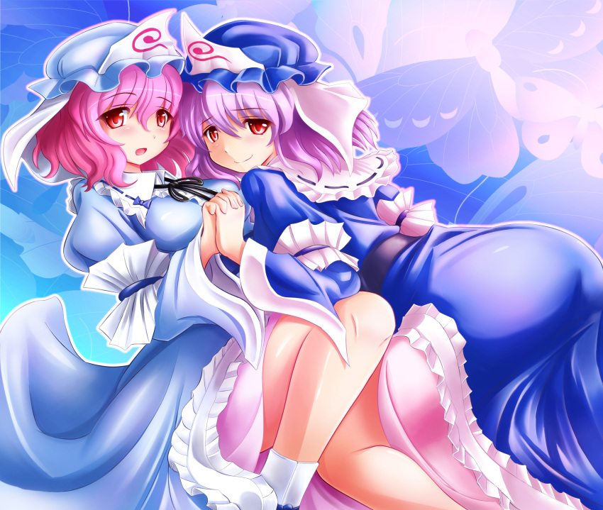 ass breasts butterfly clone dual_persona frills hand_holding hat highres holding_hands japanese_clothes large_breasts multiple_girls pink_hair purple_hair red_eyes saigyouji_yuyuko shin'en_(gyokuro_company) shinryoku_(j-1) short_hair smile touhou