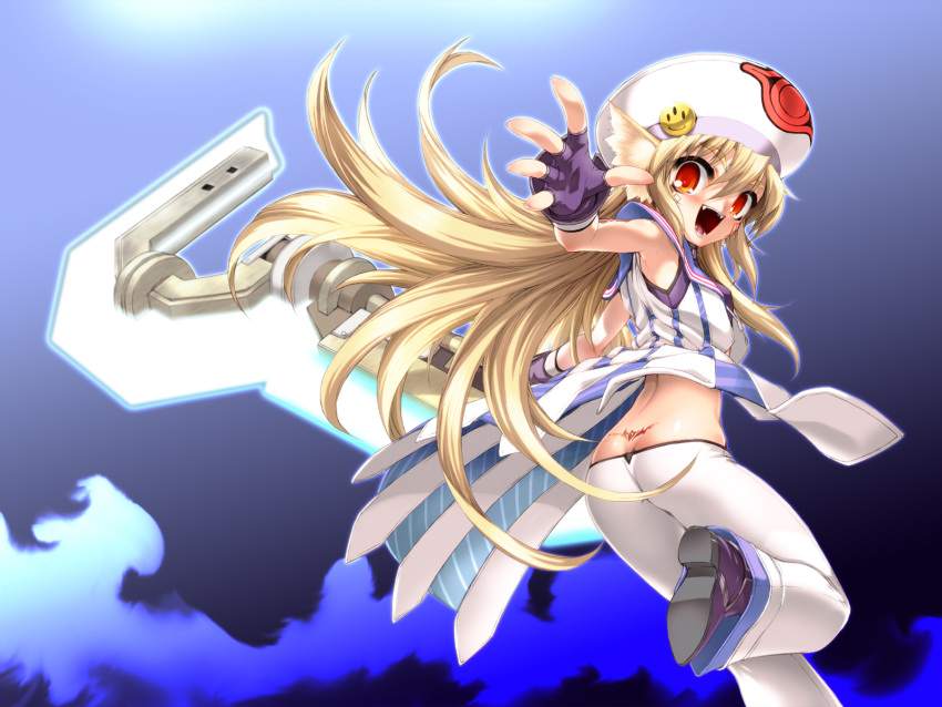 ass blonde_hair blush boots butt_crack facial_tattoo fangs fingerless_gloves gloves hat highres huge_weapon miss_black open_mouth phantasy_star phantasy_star_portable_2_infinity red_eyes smiley_face tattoo virtual_on weapon