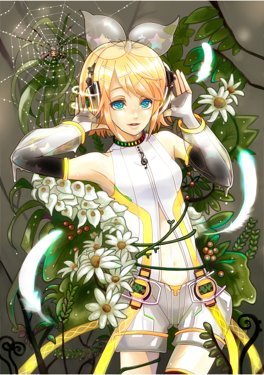 absurdres aqua_eyes arm_warmers blonde_hair daisy detached_sleeves feathers flower hair_ornament hair_ribbon hairclip hands_on_headphones headphones highres ito_shi kagamine_rin kagamine_rin_(append) navel ribbon short_hair shorts smile solo spider spider_web vocaloid vocaloid_append