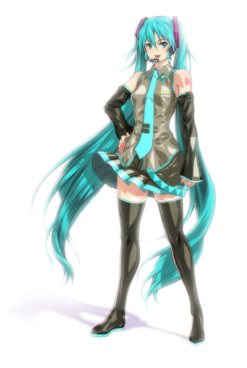 absurdres aqua_eyes aqua_hair detached_sleeves g-tetsu hand_on_hip hatsune_miku headset highres hips long_hair necktie ranguage skirt solo thigh-highs thighhighs twintails very_long_hair vocaloid