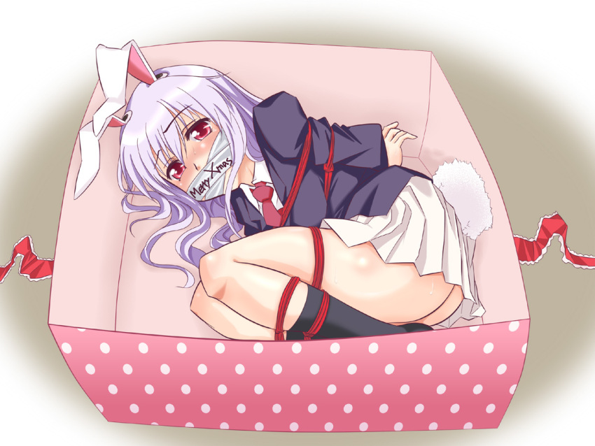 animal_ears arms_behind_back ass bdsm blazer blush bondage box box_tie bunny_ears bunny_tail christmas gift girl_in_a_box in_box in_container kairakuen_umenoka long_hair lying necktie on_side purple_hair red_eyes reisen_udongein_inaba skirt solo tail tougall touhou