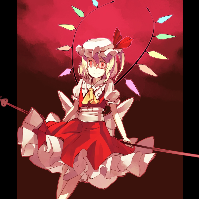 ascot blonde_hair bow dress flandre_scarlet hat hat_bow highres laevatein large_bow pillarboxed red_eyes shihou shihou_(artist) shihou_(g-o-s) short_sleeves side_ponytail slit_pupils solo the_embodiment_of_scarlet_devil touhou wings