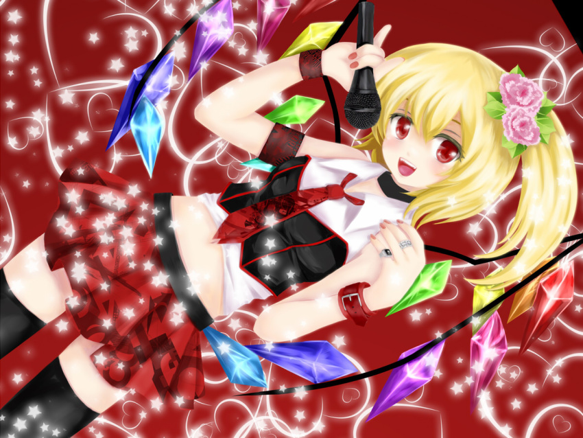 armband bad_id black_legwear blonde_hair blush corsage corset fangs flandre_scarlet flower hair_flower hair_ornament jewelry microphone midriff miniskirt nekokotei no_hat no_headwear open_mouth red_eyes red_skirt ring shirt side_ponytail singing skirt smile solo the_embodiment_of_scarlet_devil thigh-highs thighhighs touhou white_shirt wings zettai_ryouiki