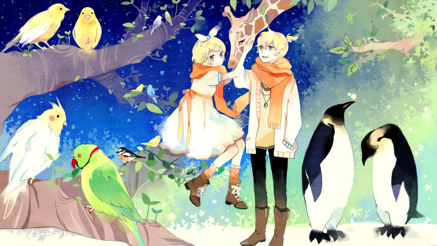 benguinsscarf bird blonde_hair boots brother_and_sister giraffe hair_ornament hair_ribbon hairclip highres kagamine_len kagamine_rin mig_(36th mig_(36th_underground) necklace penguin ribbon scarf short_hair siblings smile tree twins underground) vocaloid