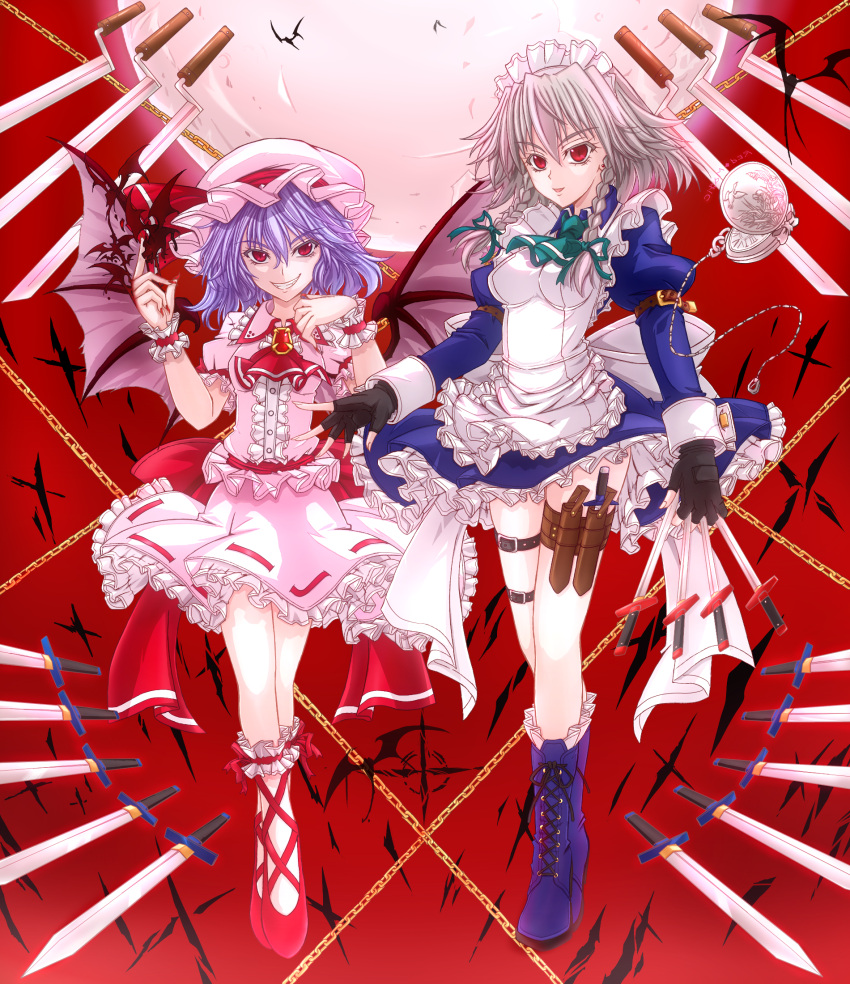 bat_wings braid chain chains fingerless_gloves gloves hat highres holster izayoi_sakuya knife lavender_hair maid maid_headdress mickey_dunn moon multiple_girls pocket_watch red_eyes red_moon remilia_scarlet short_hair silver_hair thigh_holster throwing_knife touhou twin_braids watch weapon wings