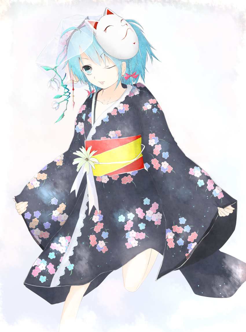 ahoge bad_id blue_eyes blue_hair braid flower hatsune_miku highres japanese_clothes katuo1129 mask obi short_hair simple_background solo tongue vocaloid wink