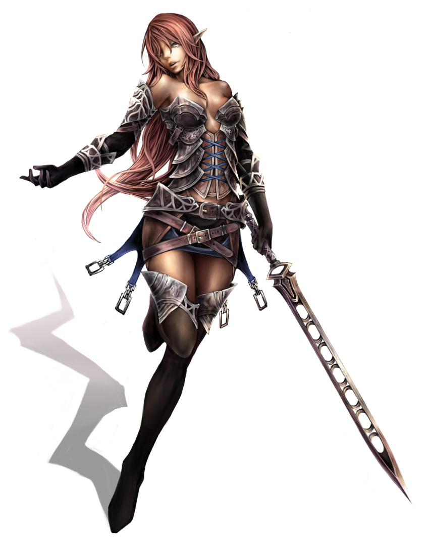 bare_shoulders corset elf gloves highres leg_lift lips long_hair nabe_(crow's_head) nabe_(crow's_head) original pointy_ears red_hair redhead simple_background solo standing_on_one_leg sword weapon