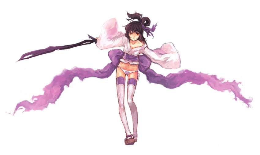 bow clog_sandals highres large_bow legs midriff navel no_pants original panties red_eyes sandals solo sword thigh-highs thighhighs underwear vmat vmat_(pixiv) weapon