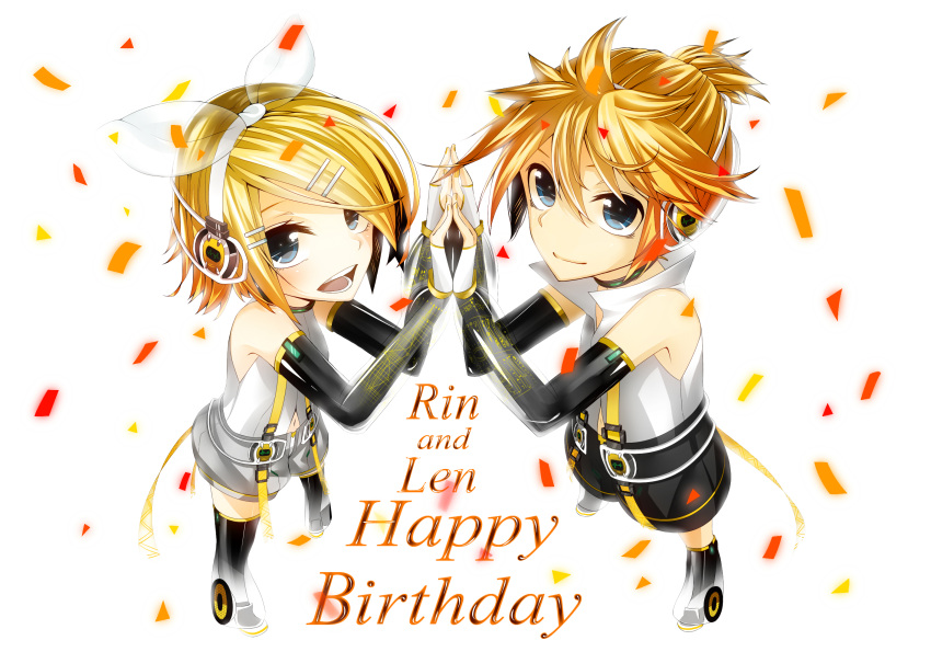ayano_(irodori) blonde_hair bright child collar detached_sleeves highres kagamine_len kagamine_len_(append) kagamine_rin kagamine_rin(append) kagamine_rin_(append) shota siblings twins vocaloid vocaloid_append