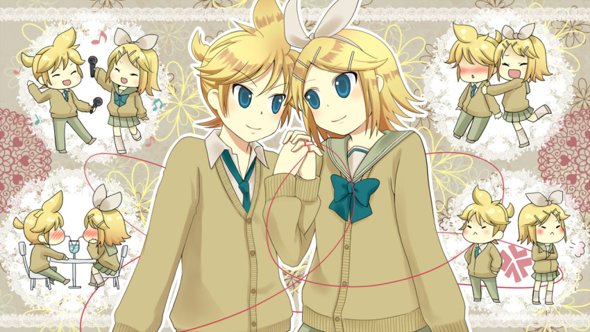 blonde_hair blue_eyes closed_eyes kagamine_len kagamine_rin microphone multiple_persona musical_note open_mouth short_hair smile table twins vocaloid