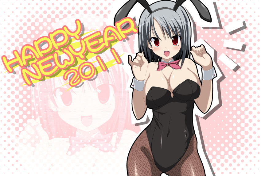 _new_year animal_ears breasts bunny_ears bunnysuit cleavage fishnet_pantyhose fishnets grey_hair highres new_year original pantyhose paradise_king red_eyes solo wrist_cuffs zoom_layer