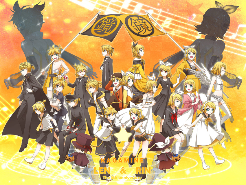 aku_no_meshitsukai_(vocaloid) aku_no_musume_(vocaloid) antichlorobenzene_(vocaloid) backwards_hat blonde_hair blue_eyes bow brother_and_sister cape detached_sleeves dress flag gekokujou_(vocaloid) hairclip hat headphones himitsu_~kuro_no_chikai~_(vocaloid) juvenile_(vocaloid) kagamine_len kagamine_len_(append) kagamine_rin kagamine_rin_(append) len_append multiple_persona nazokake_(vocaloid) nazotoki_(vocaloid) orange paradichlorobenzene_(vocaloid) ponytail prisoner/paper_plane_(vocaloid) red_eyes ribbon rin_append short_hair star suit synchronicity_(vocaloid) trick_and_treat_(vocaloid) twins vocaloid wings yellow young