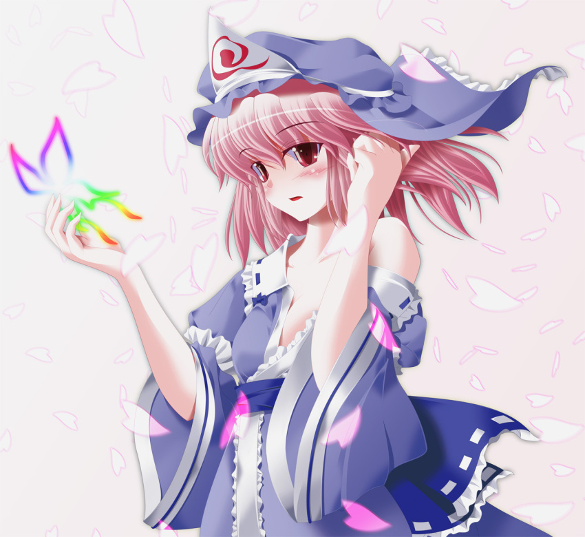 bare_shoulders blush bust butterfly hair_flip hat highres japanese_clothes kimono off_shoulder petals pink_hair red_eyes saigyouji_yuyuko side_b solo super_paper_mario tippi_(super_paper_mario) touhou triangular_headpiece