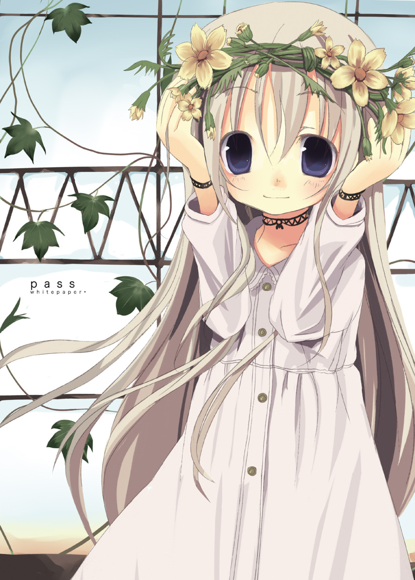 dress flower highres leaf long_sleeves original shiro_(octet) smile solo white_dress wreath