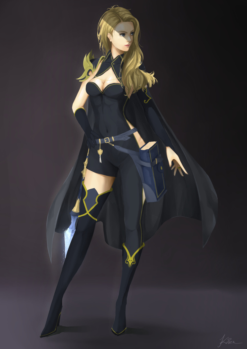 1girl absurdres bangs blonde_hair blue_eyes book breasts bridal_gauntlets cape cleavage cleavage_cutout collarbone covered_navel gloves hand_on_hip highres kizuchi_r long_hair looking_to_the_side medium_breasts navel original simple_background