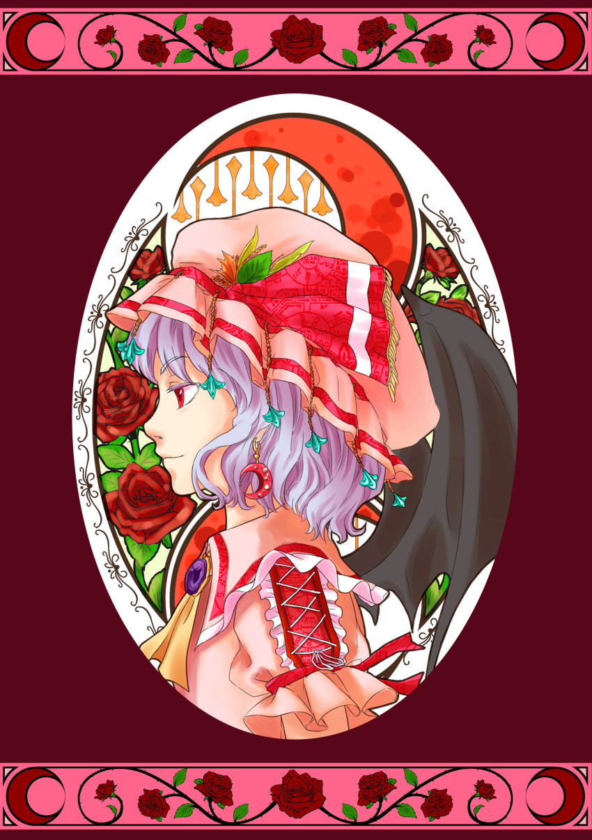 absurdres earrings flower hat highres jewelry lavender_hair plane_(planetw2002) profile red_eyes red_rose remilia_scarlet rose short_hair solo touhou tree_of_life wings