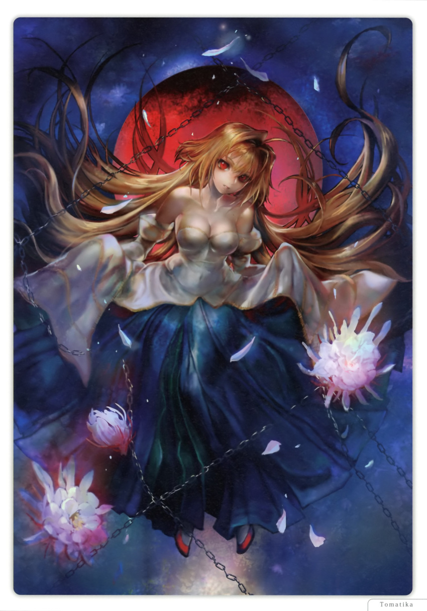 absurdres archetype_earth arcueid_brunestud bare_shoulders blonde_hair breasts chain chains detached_sleeves dress flower full_moon highres long_hair moon red_eyes red_moon solo spider_lily strapless_dress tomatika tsukihime type-moon very_long_hair