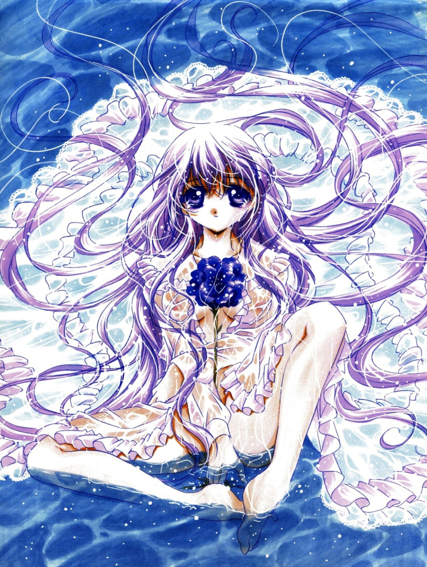 artist_request barefoot blue_background breasts censored cleavage convenient_censoring copyright_request flower frills highres long_hair no_panties purple_eyes purple_hair sitting solo source_request very_long_hair violet_eyes water wet