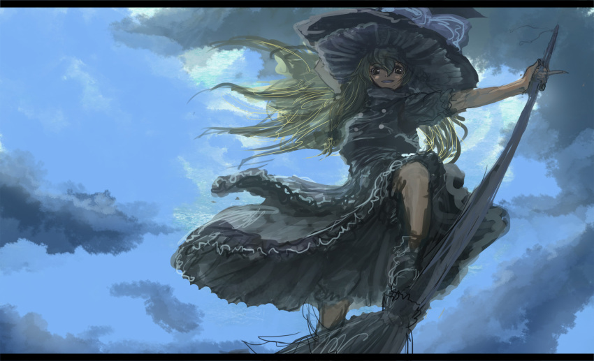 apron bad_id bakabakasii blonde_hair blue_sky broom broom_surfing buttons cloud clouds dark_clouds dress from_below grin hat highres holding holding_hat kirisame_marisa leg_lift letterboxed long_hair long_image outstretched_arm pinky_out sky smile solo touhou wide_image witch witch_hat
