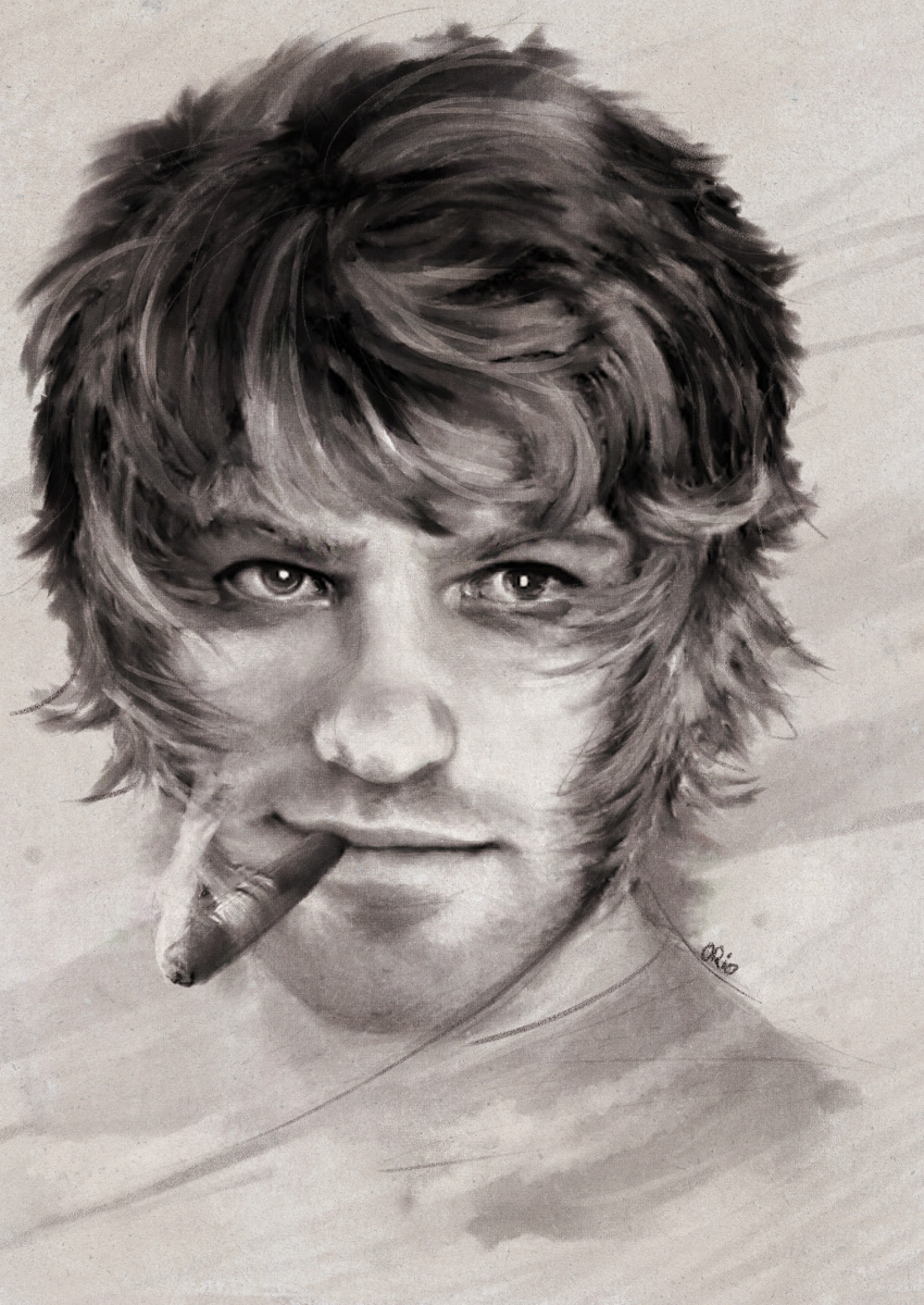 absurdres cobra faux_traditional_media highres male manly monochrome orioto portrait realistic smoking space_adventure_cobra speed_painting