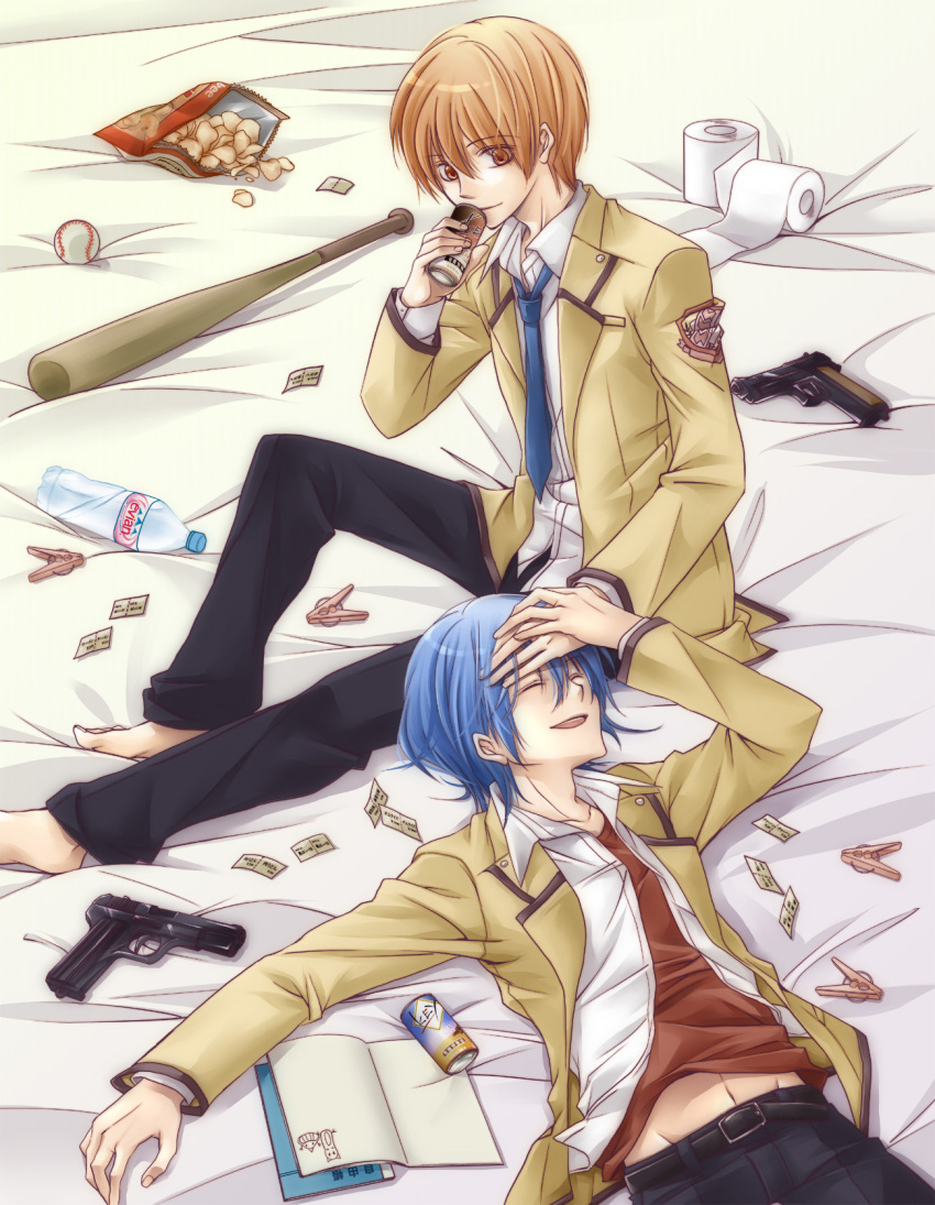 barefoot baseball_bat blue_hair bottle brown_eyes brown_hair can closed_eyes clothes_pin eyes_closed gun highres hinata_(angel_beats!) lying male otonashi_(angel_beats!) potato_chips school_uniform short_hair suma_(jen-ga) toilet_paper weapon