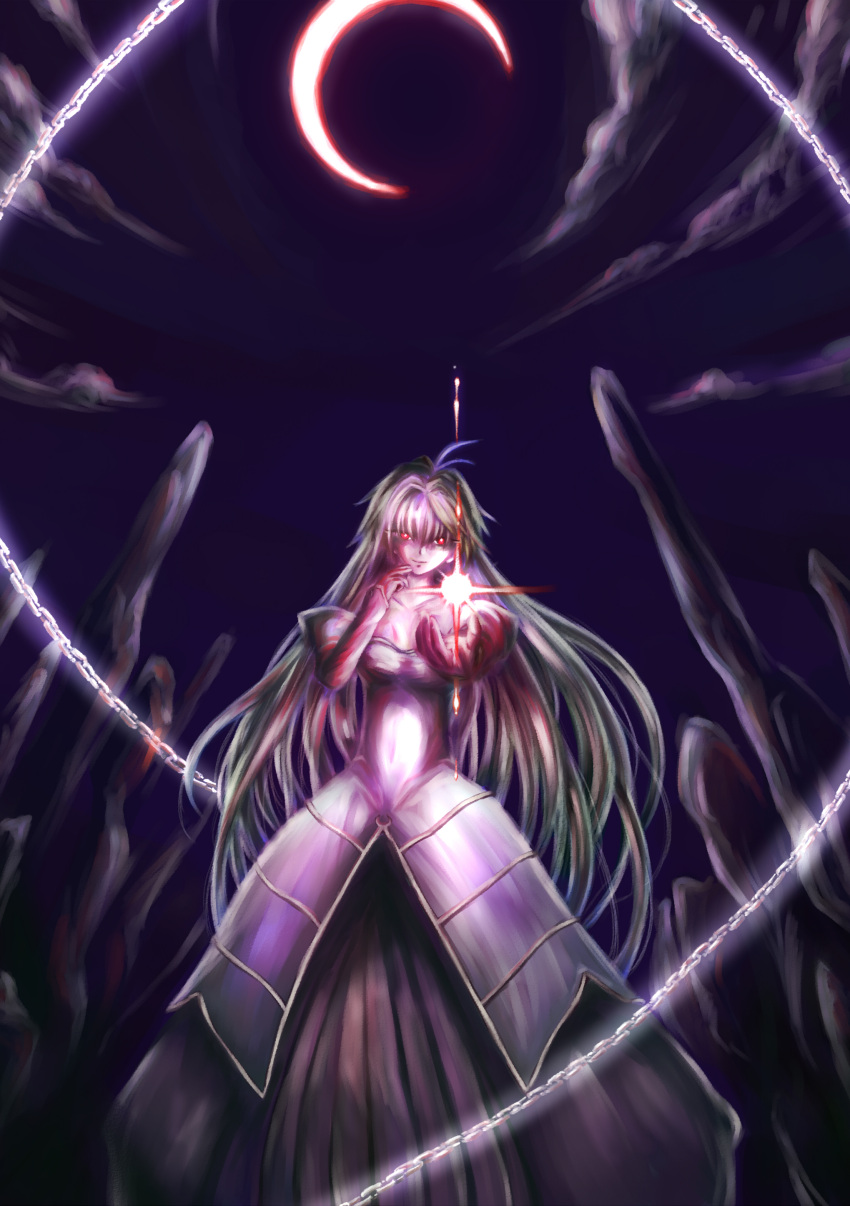 absurdres archetype_earth arcueid_brunestud blonde_hair breasts chain chains crescent_moon dress highres moon red_eyes solo strapless_dress tsukihime type-moon