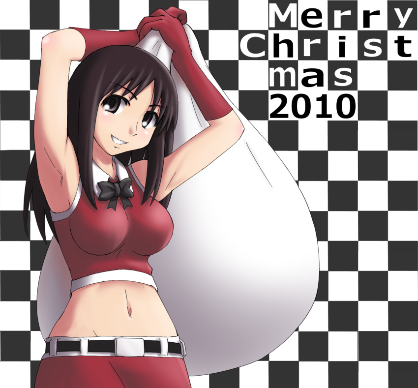 armpits arms_up azumanga_daiou belt crop_top grin highres kasuga_ayumu merry_christmas midriff morichan navel sack santa_costume smile