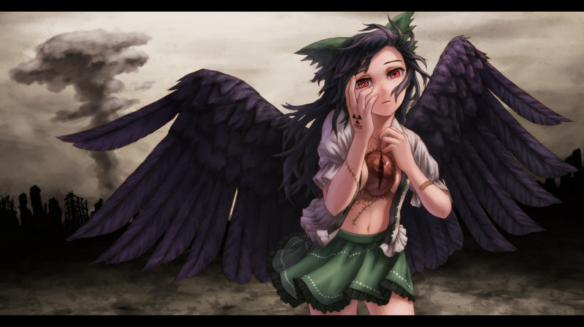 bad_id bandaid black_wings bow cloud clouds hair_bow hand_on_own_face highres kurione_(zassou) letterboxed mushroom_cloud navel open_clothes open_shirt radiation_symbol red_eyes reiuji_utsuho scar shirt skirt solo stitches symbol-shaped_pupils tears third_eye touhou wings