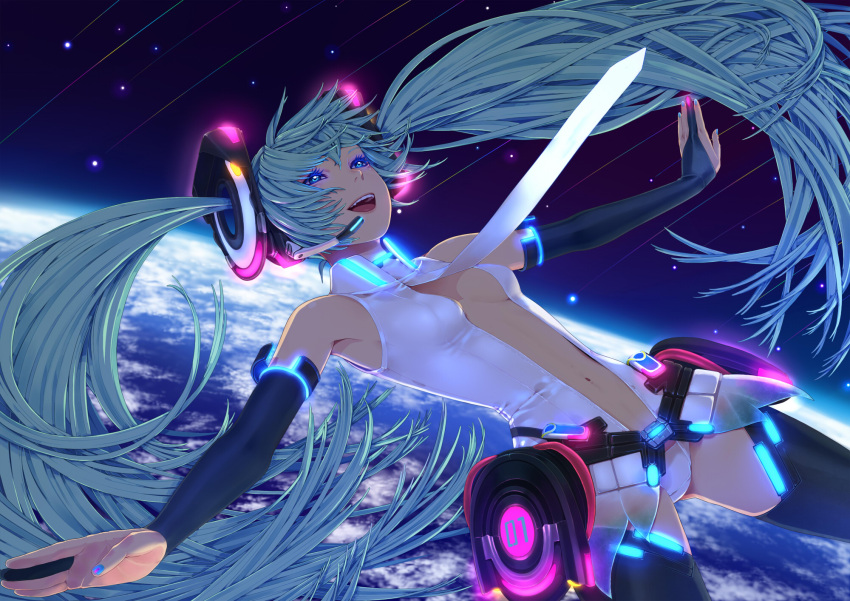 1girl blue_eyes bridal_gauntlets center_opening earth green_hair hatsune_miku headset highres long_hair miku_append navel nayu necktie open_mouth outstretched_arms solo space spread_arms thigh-highs twintails very_long_hair vocaloid vocaloid_append