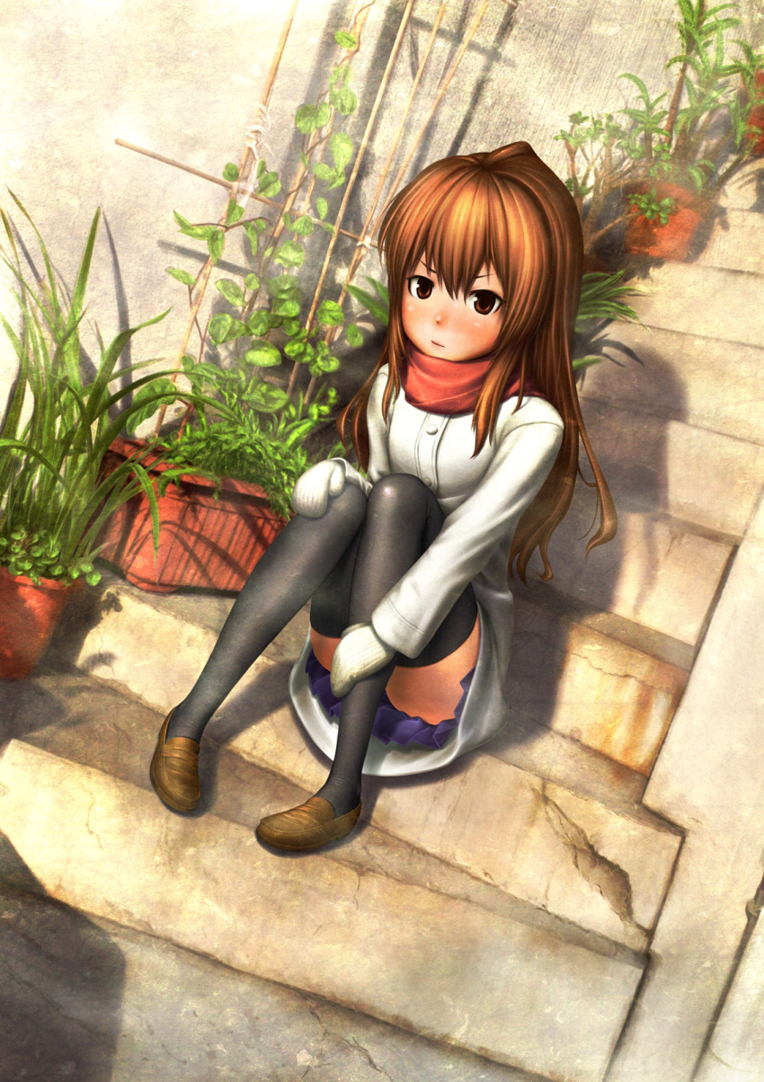 brown_eyes brown_hair coat dutch_angle highres long_hair mittens scarf stairs thigh-highs thighhighs toradora! uepon winter_clothes