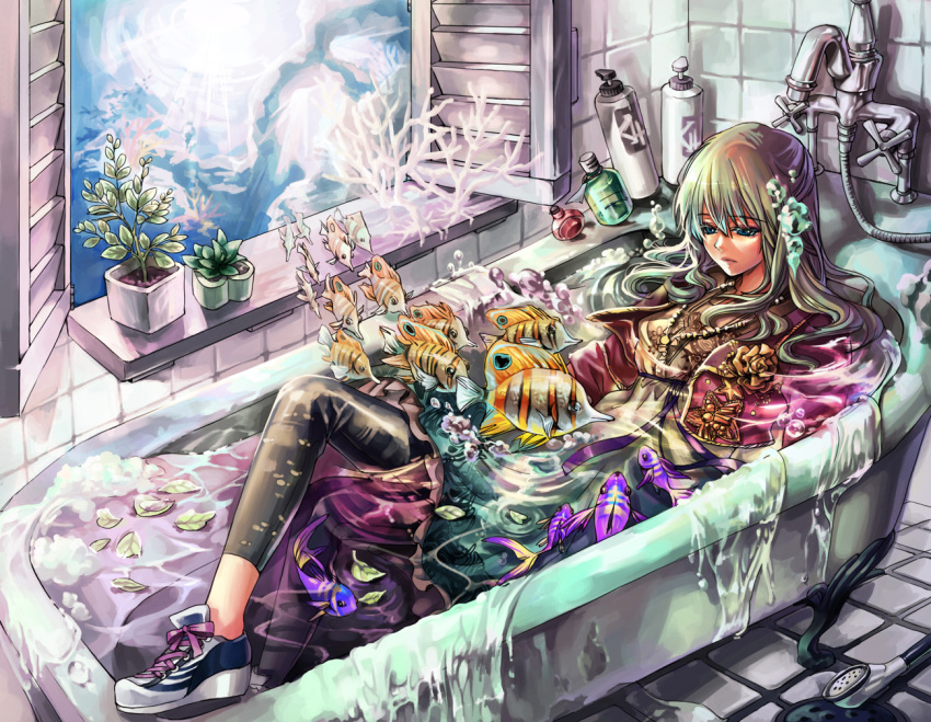bathroom bathtub blonde_hair blue_eyes bottle bubble coral faucet fish flower jeya leaf long_hair original plant potted_plant resting rose shampoo shoes sneakers solo surreal water window yellow_rose