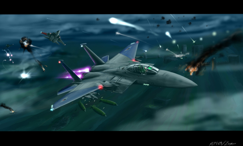 ace_combat_zero afterburner airplane antiaircraft_weapon battle bomb f-15 fighter_jet firing flying fortress gun jet letterboxed missile night pilot tracer_bullets war weapon zephyr164