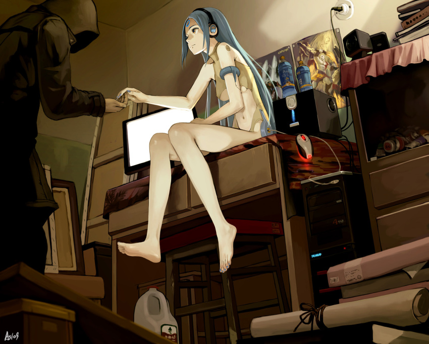 barefoot blue_hair bottle breasts computer computer_mouse devil_may_cry facial_mark feet forehead_mark god_of_war hands headphones highres holding_hands hood kratos long_hair long_legs midriff monitor nail_polish navel nero_(devil_may_cry) original poster_(object) sitting speaker stool toenail_polish underboob yellow_eyes