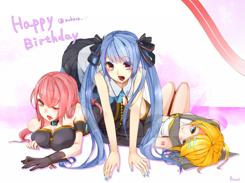 all_fours blue_eyes blue_hair breasts choker gloves green_eyes hair_ornament hair_ribbon hairclip hatsune_miku highres kagamine_rin long_hair lying megurine_luka multiple_girls open_mouth peconi pekoni_(peconi) red_eyes red_hair redhead ribbon sailor_collar see-through thighhighs twintails very_long_hair vocaloid wink