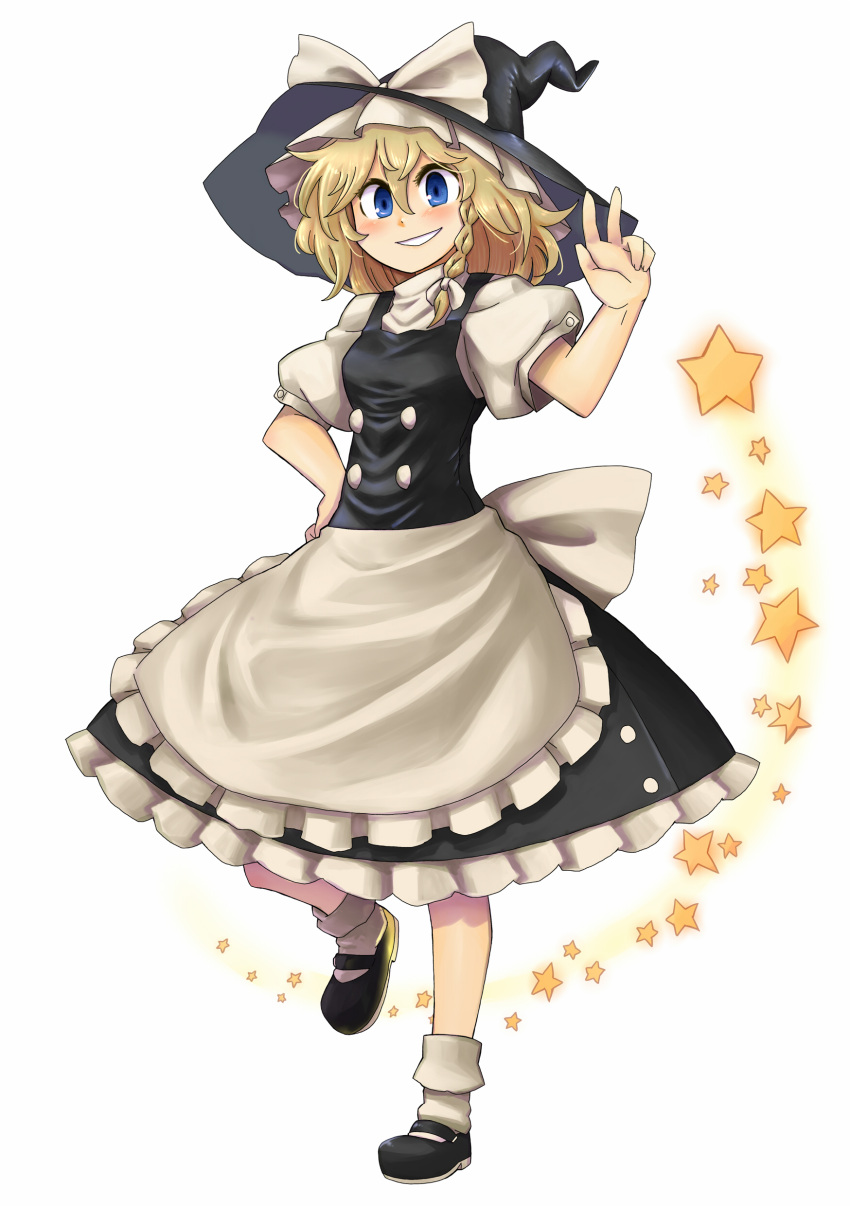 absurdres blonde_hair blue_eyes blush bow braid hair_bow hat highres kirisame_marisa mary_janes ryuhey shoes side_braid simple_background single_braid solo star touhou v witch witch_hat